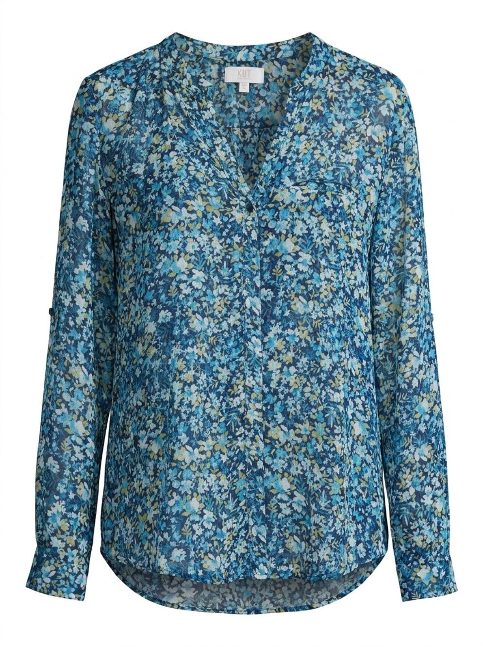 Kut from the Kloth Floral Roll Tab Sleeve Button Up Blouse Women Size XL